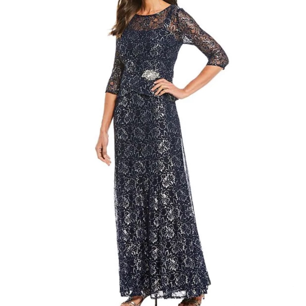 Le Bos Metallic Lace Peplum Gown